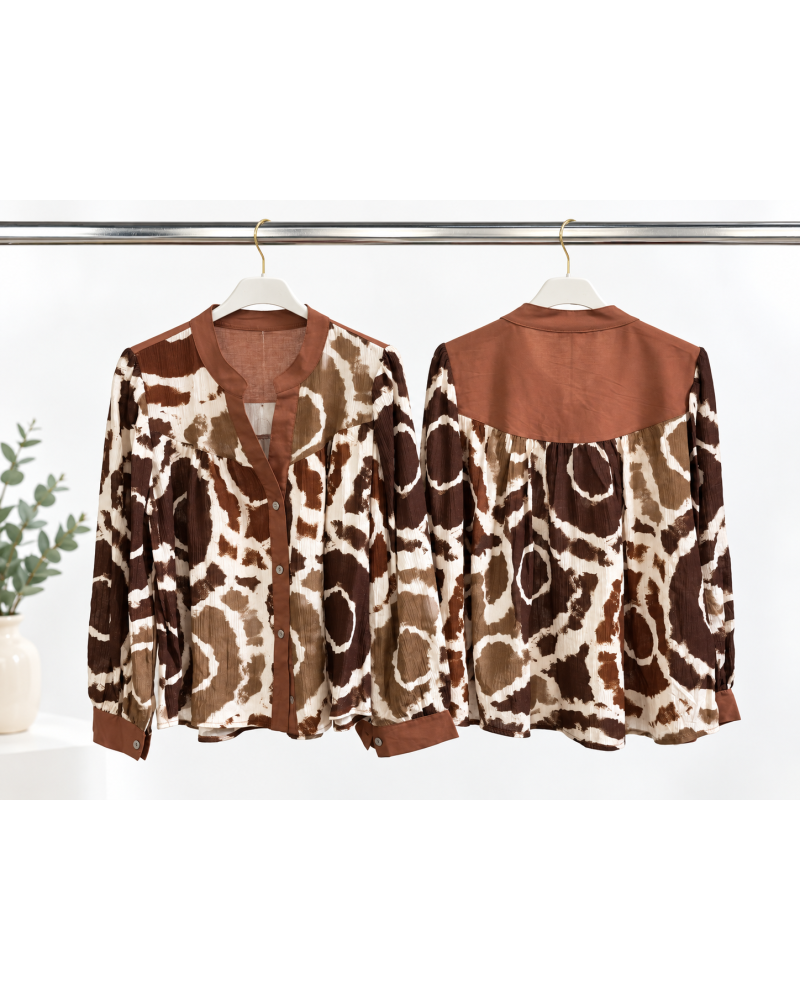 TU (max. 38 au 42) - Chemise imprimée abstraite marron et écru 100% viscose 