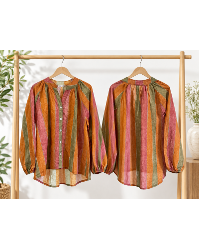 TU (max. 38 au 42) - Chemise rayée rouille et camel 100% coton 