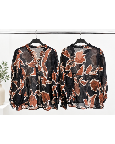 TU (max. 38 au 42) - Chemise imprimée grandes fleurs sur fond noir 100% coton 
