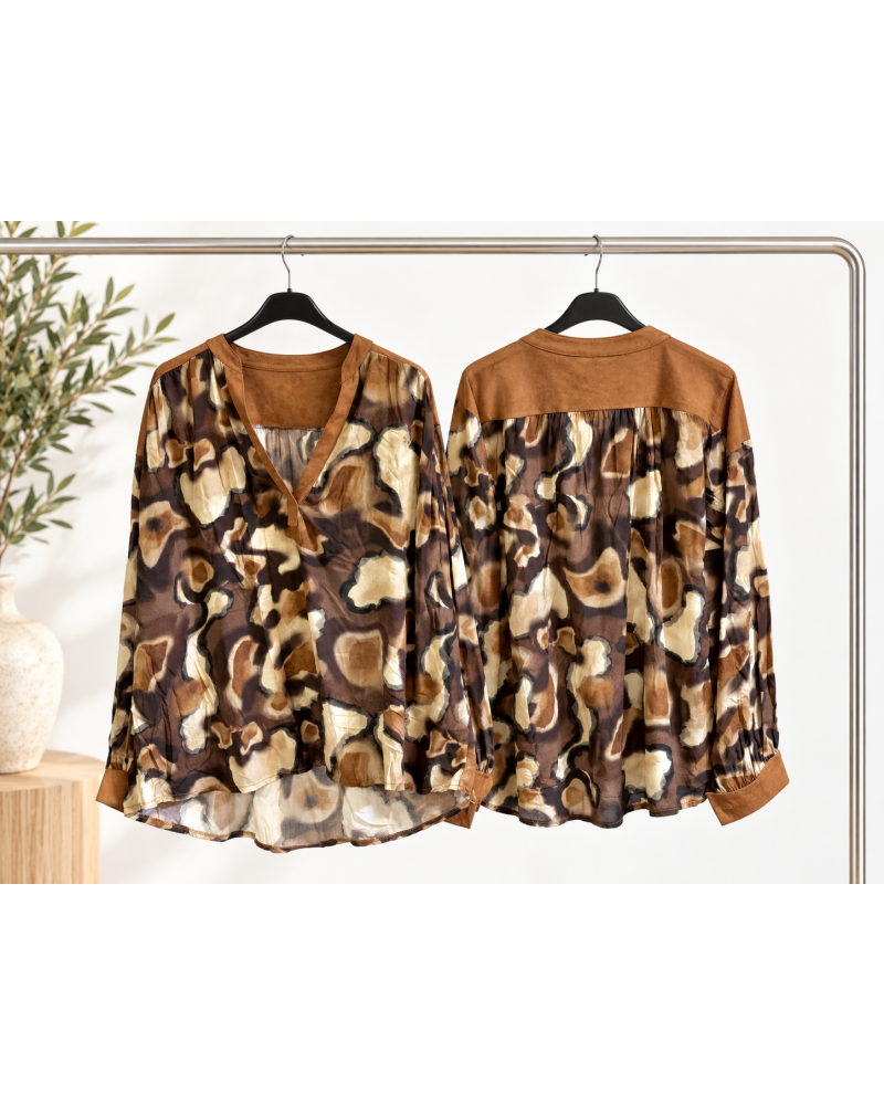TU (max. 38 au 44) - Chemise imprimée abstraite marron et beige 100% viscose 