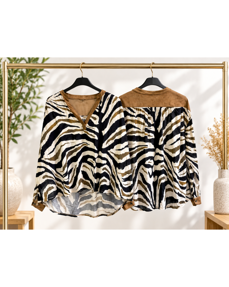 TU (max. 38 au 44) - Chemise imprimée zébrée noir et écru 100% viscose 