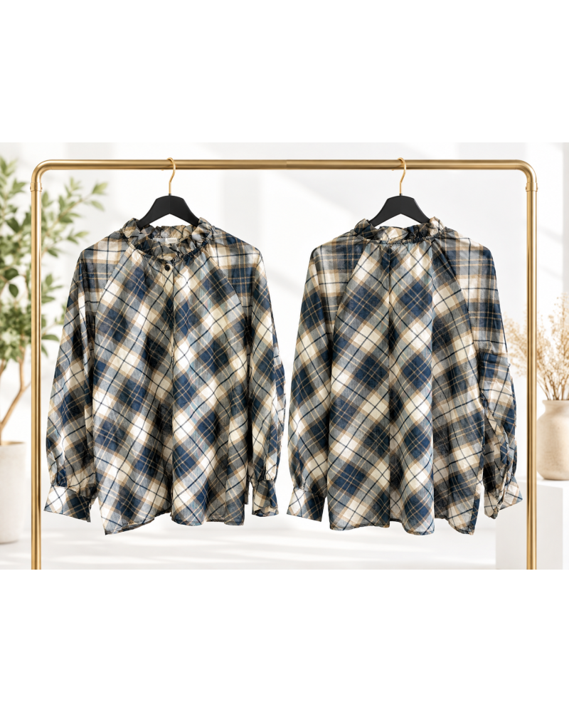 TU (max. 38 au 42) - Chemise imprimée carreaux marine et écru 100% coton 