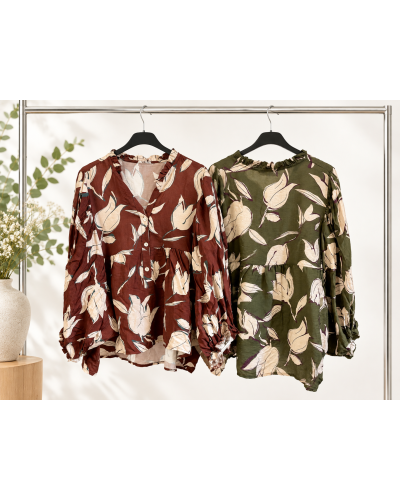 TU (max. 38 au 42) - Chemise imprimée grandes feuilles bordeaux ou kaki 100% viscose 