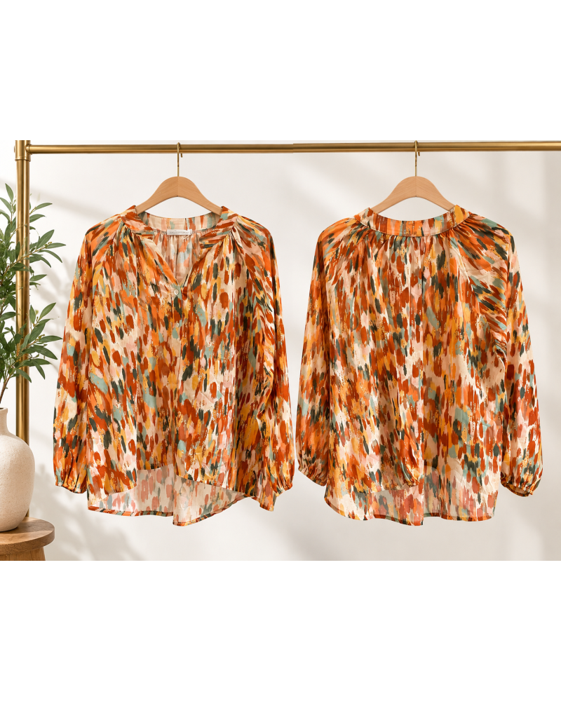 TU (max. 38 au 44) - Chemise imprimée feuillage rouille et écru 100% coton 