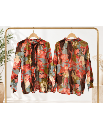 TU (max. 38 au 42) - Chemise imprimée fleurs automnales rouille et vert 100% coton 