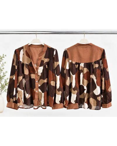 TU (max. 36 au 42) - Chemise imprimée graphique chocolat et camel 100% viscose 