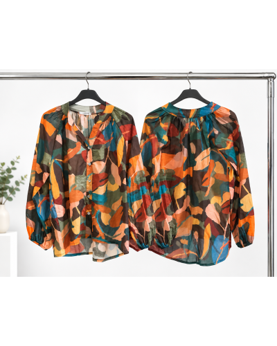 TU (max. 38 au 42) - Chemise imprimée abstraite orange et bleu pétrole 100% coton 