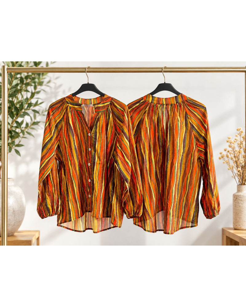 TU (max. 38 au 42) - Chemise imprimée rayures rouille et camel 100% coton 
