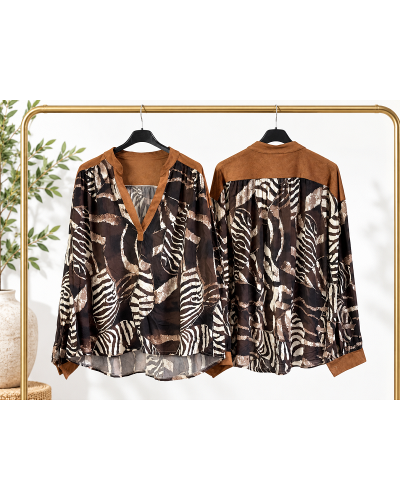 TU (max. 38 au 44) - Chemise imprimée zèbre noir et marron 100% viscose 