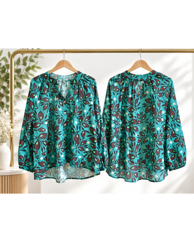 TU (max. 38 au 42) - Chemise imprimée végétale turquoise 100% coton 