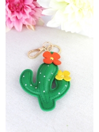 Porte-clé - Bijoux de sac - Cactus clouté - 2 fleurs de couleurs - Vert