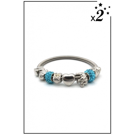 Bracelet charms - Eléphant, coeur et strass - Turquoise- x2