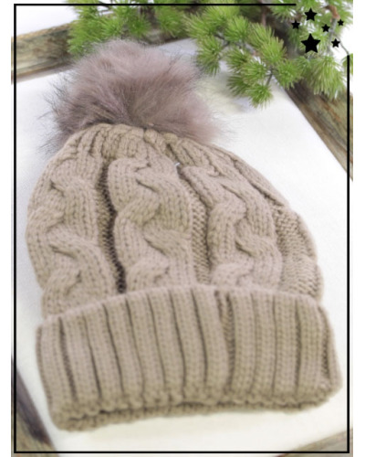 Bonnet pompon - Doublé polaire - Torsades - Taupe - M417