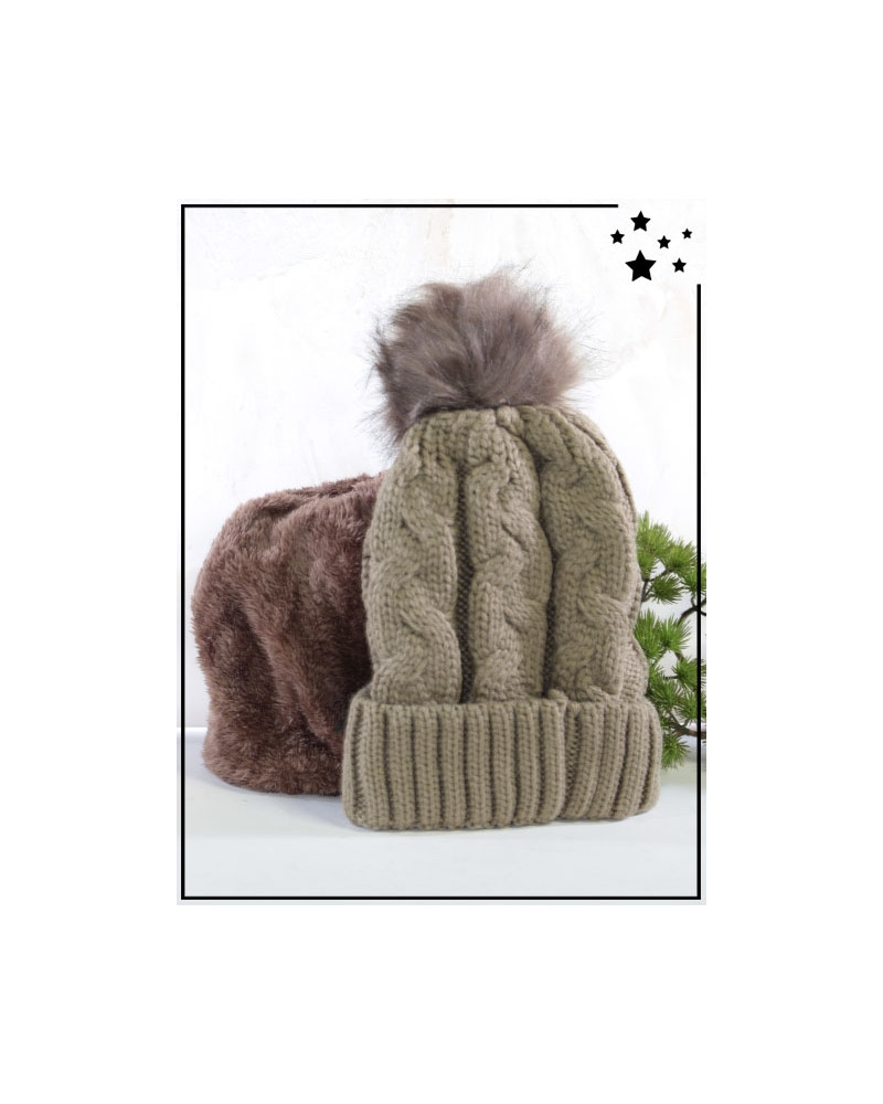 Bonnet pompon - Doublé polaire - Torsades - Taupe - M417